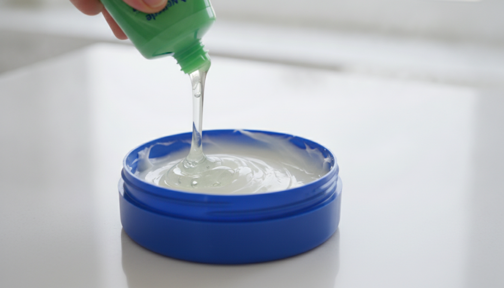 A hand mixing clear aloe vera gel into a small tub of Vaseline creating a translucent mixture