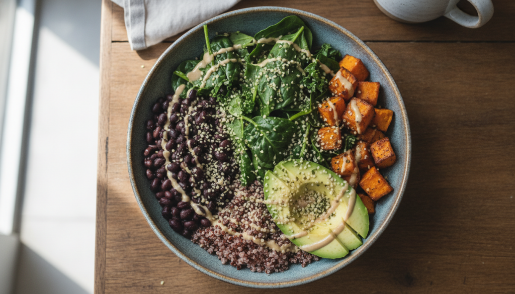 A vibrant colorful bowl of plant-based food perhaps a Buddha bowl or salad featuring a mix of legumes grains leafy green