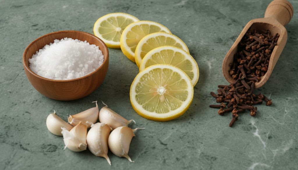 Close-up of lemon slices a small bowl of salt garlic cloves and dried cloves in a wooden scoop on a green marble-like su