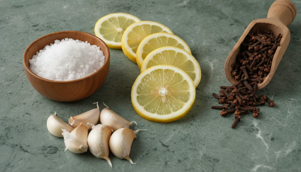Close-up of lemon slices a small bowl of salt garlic cloves and dried cloves in a wooden scoop on a green marble-like su