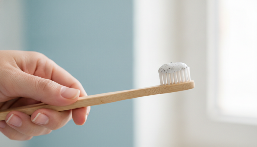 A person s hand holding a wooden toothbrush with a small amount of the DIY teeth whitening paste on it ready to brush te