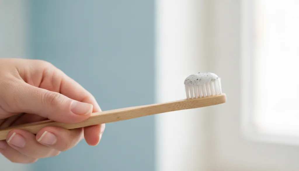 A person s hand holding a wooden toothbrush with a small amount of the DIY teeth whitening paste on it ready to brush te