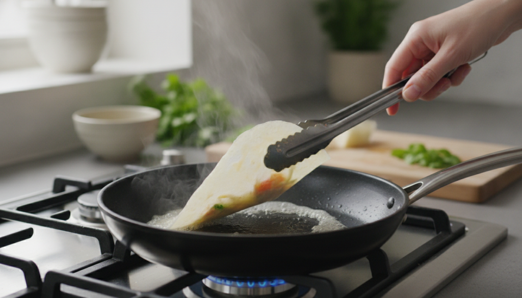 Close-up of a person cooking a thin spring roll wrapper on a non-stick pan with the edges just curling and a spatula nea