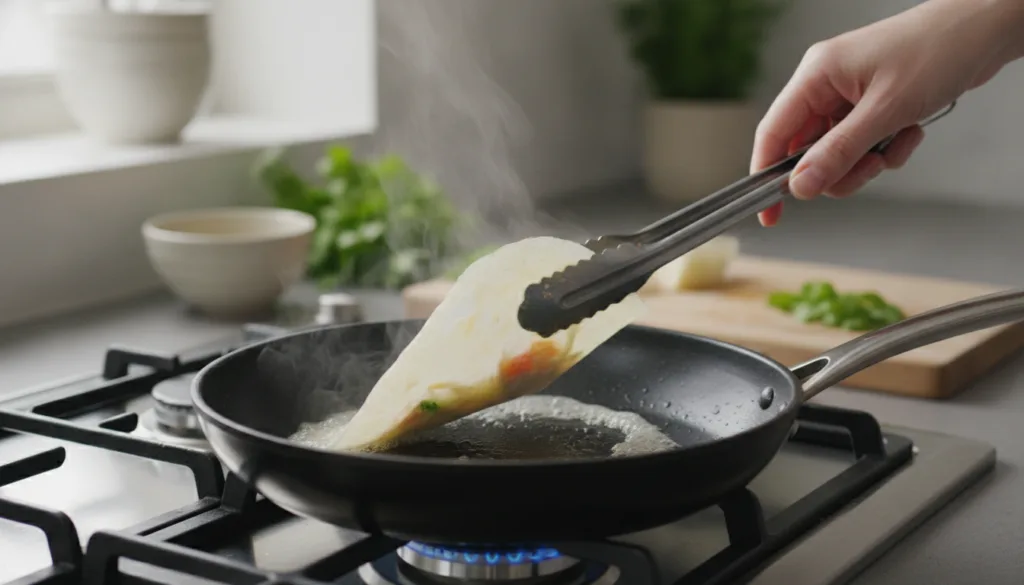 Close-up of a person cooking a thin spring roll wrapper on a non-stick pan with the edges just curling and a spatula nea