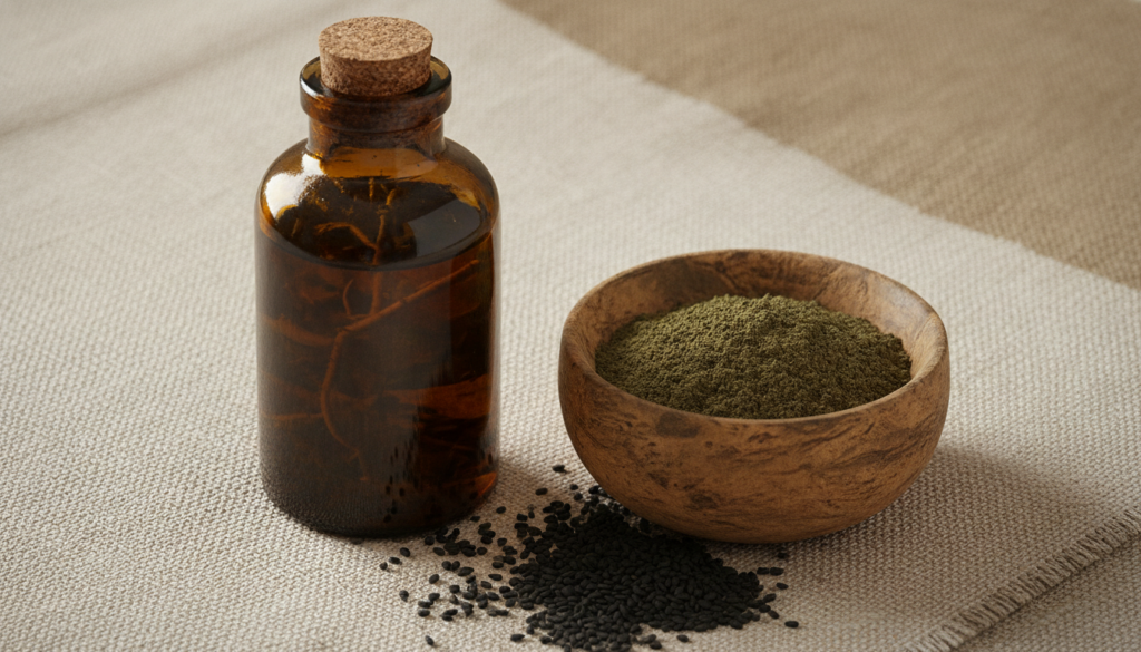 A bottle of dark bhringraj and sesame oil next to a small bowl of bhringraj powder and black sesame seeds on a natural f