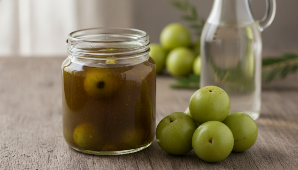 A small glass jar filled with dark amla and coconut oil with fresh amla fruits and coconut oil in the background set on 
