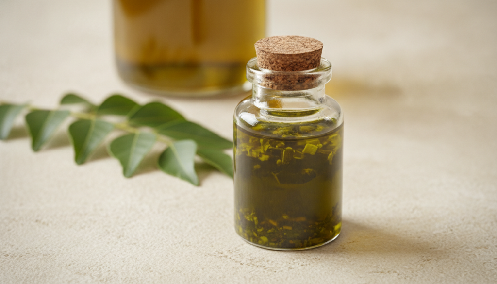 A small glass bottle of dark green curry leaf infused mustard oil with fresh curry leaves and a mustard oil bottle in th