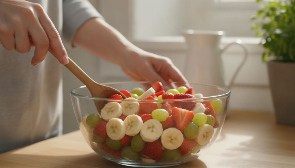 A close-up shot of fresh vibrant strawberries bananas and green grapes being gently mixed in a large glass bowl illustra