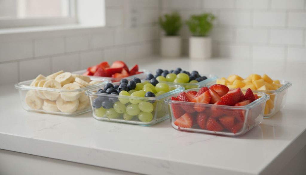 Several small clear meal prep containers filled with fresh fruit salad neatly arranged on a kitchen counter ready for th