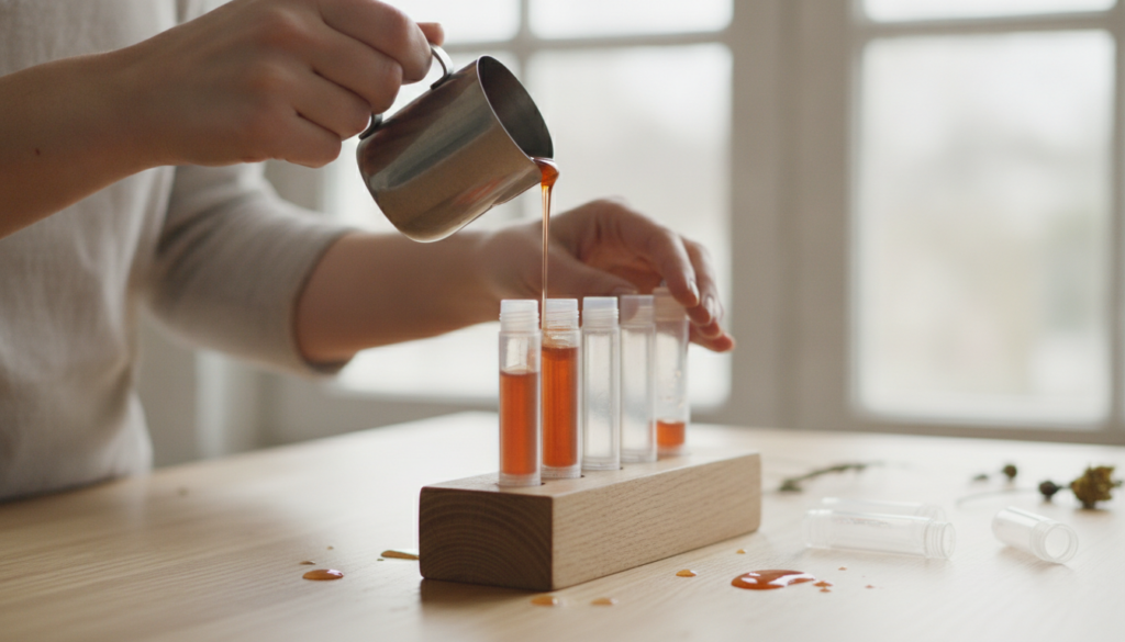 Hands pouring melted lip balm mixture into small containers