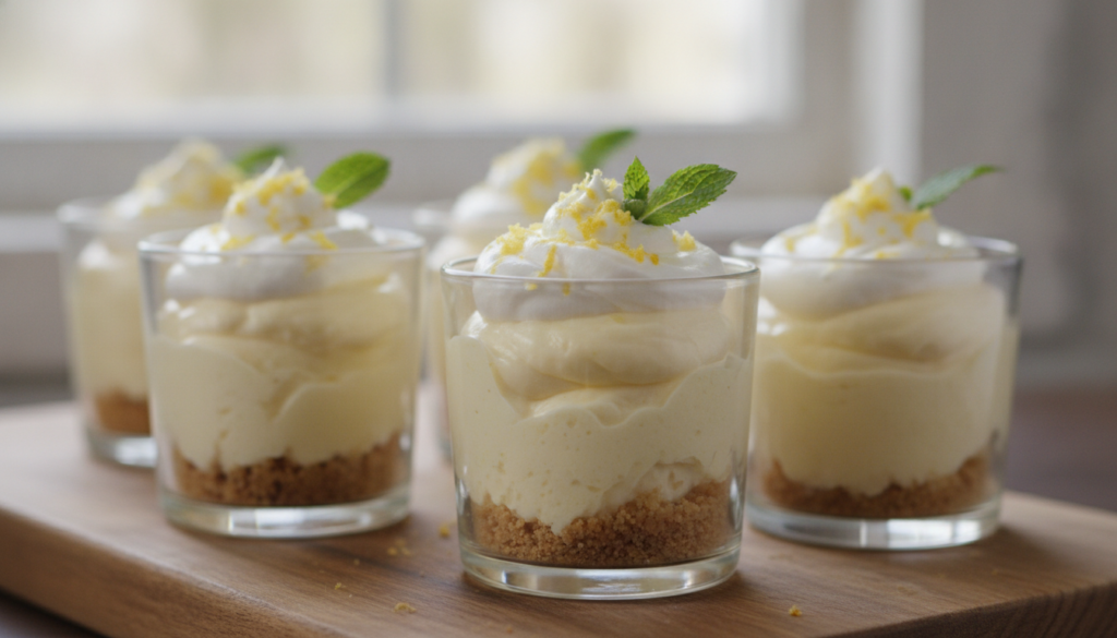 Individual no-bake lemon cheesecake cups in small glasses layered with graham cracker crust and creamy lemon filling gar