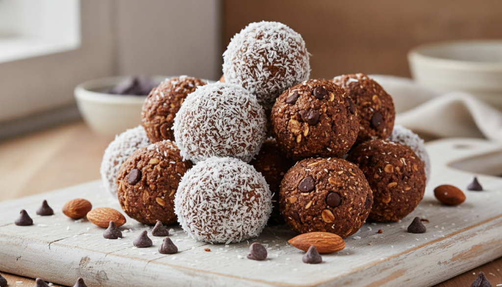 A pile of healthy no-bake energy bites rolled in shredded coconut and mini chocolate chips on a wooden board