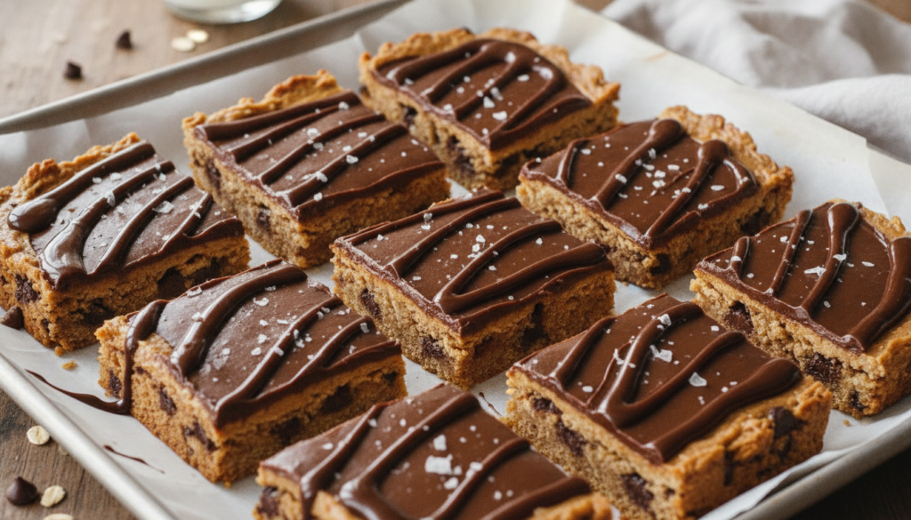 Healthy no-bake peanut butter chocolate oatmeal bars topped with a chocolate drizzle cut into squares on a parchment-lin