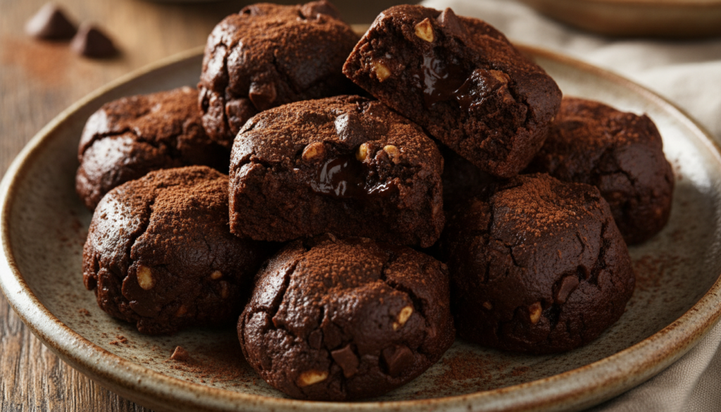 Rich dark no-bake fudgy brownie bites dusted with cocoa powder arranged on a rustic plate