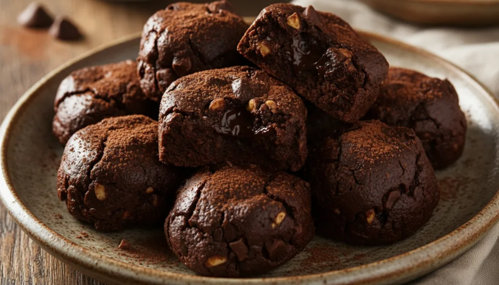 Rich dark no-bake fudgy brownie bites dusted with cocoa powder arranged on a rustic plate