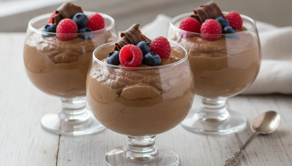Smooth and rich chocolate avocado mousse served in elegant glass cups garnished with fresh berries and chocolate shaving