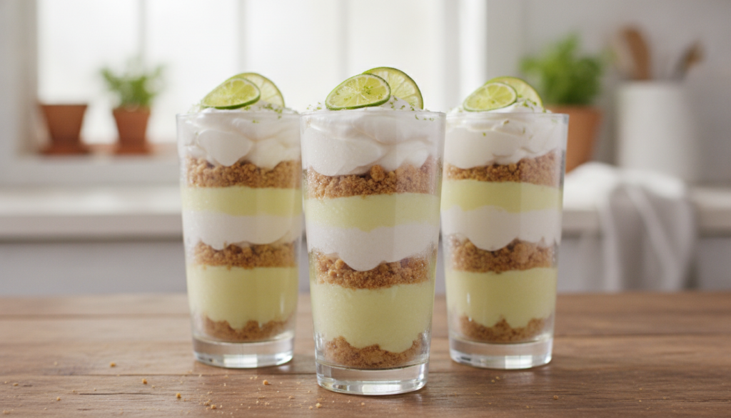 Layers of zesty key lime filling whipped cream and graham cracker crumbs in tall glass parfaits garnished with lime slic