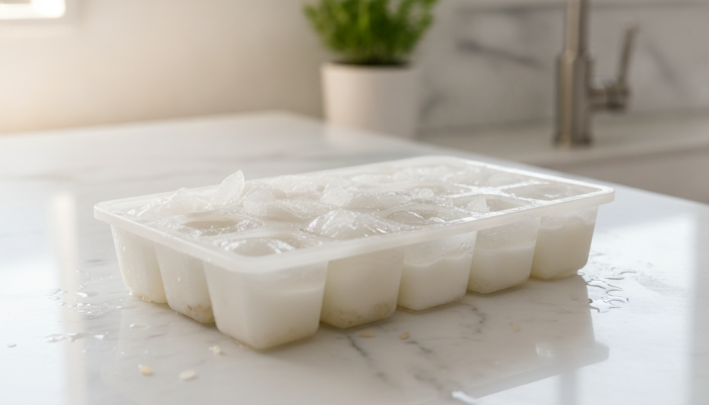 An ice cube tray filled with milky white rice water partially frozen on a clean kitchen counter Some individual ice cube