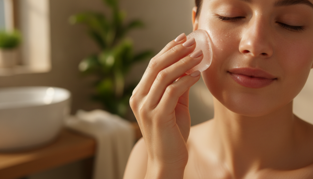 A close-up of a hand holding a homemade rice water ice cube gently rubbing it across a woman s cheek The skin looks refr