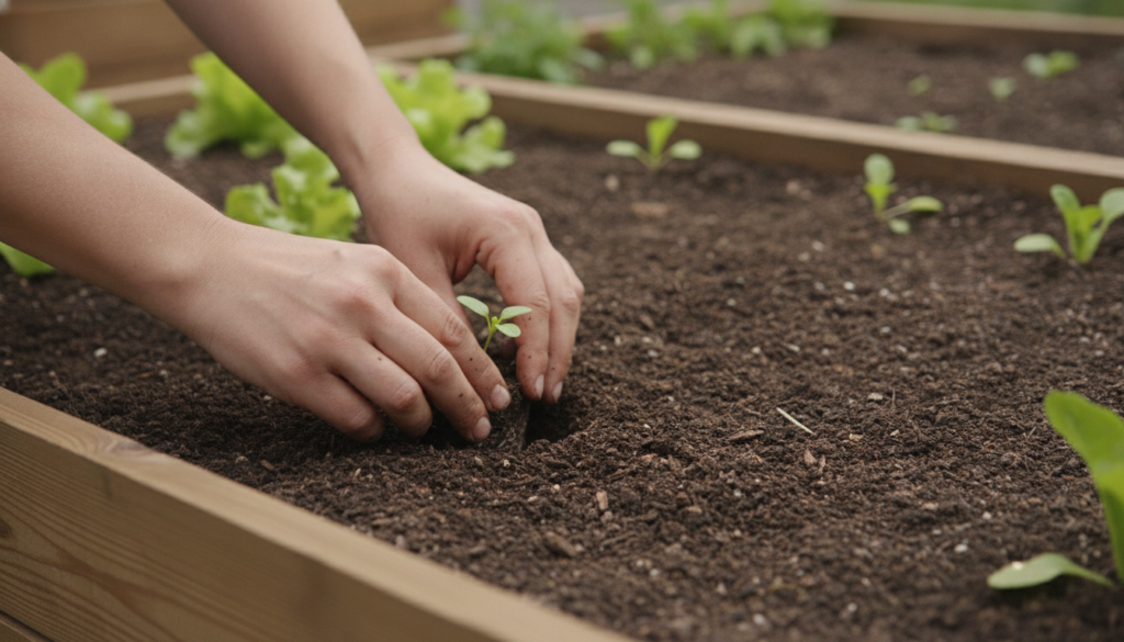 A close-up of a gardener s hands planting a small seedling into rich dark soil in a raised garden bed surrounded by othe
