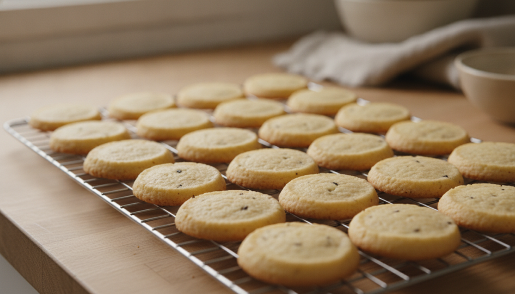 Delicate eggless vanilla cookies round and lightly browned with a subtle vanilla bean speckle arranged on a cooling rack