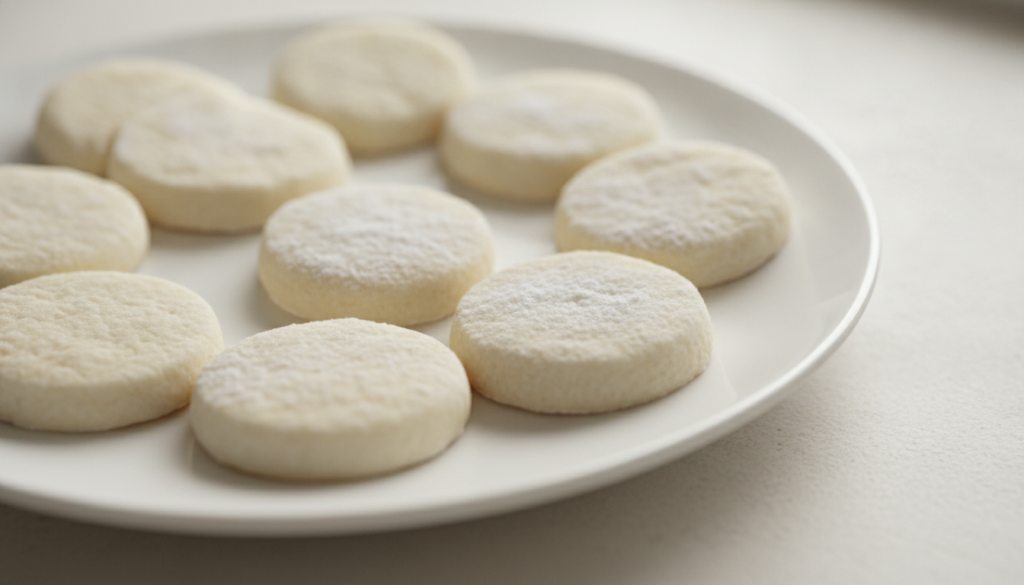 Soft melt-in-your-mouth milk powder cookies subtly pale and round with a dusting of powdered sugar arranged on a clean w