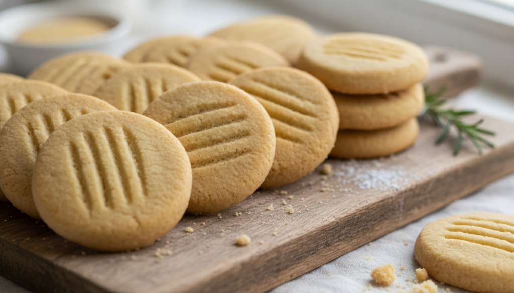 Golden shortbread cookies thick and buttery with fork tines pressed into their surface arranged on a rustic wooden board
