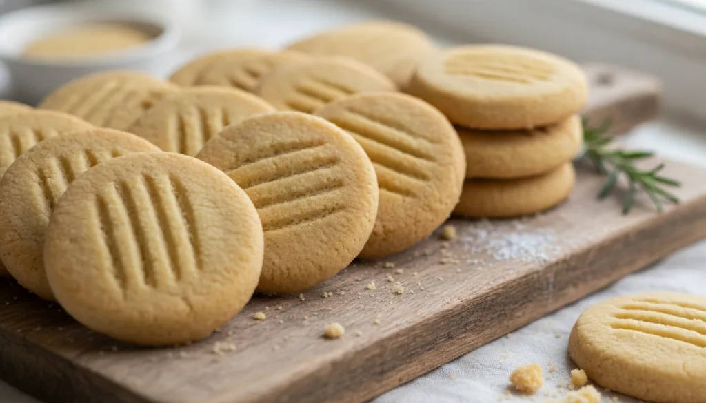 Golden shortbread cookies thick and buttery with fork tines pressed into their surface arranged on a rustic wooden board