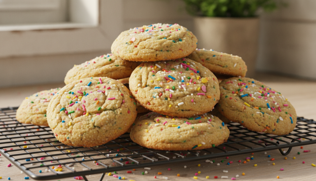 Bright and colorful no-chill sprinkle cookies freshly baked and studded with vibrant rainbow sprinkles piled enticingly 