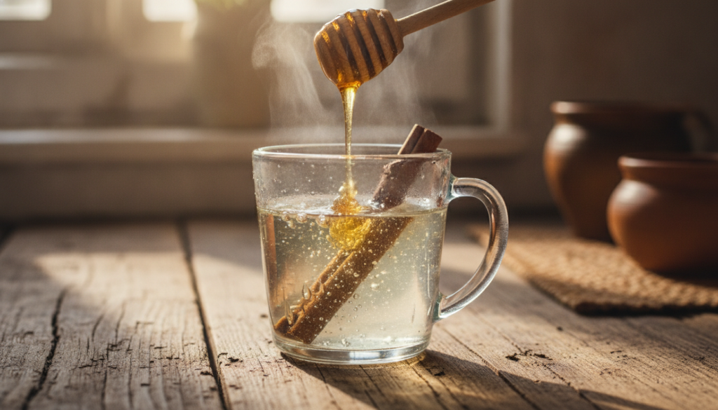 A clear glass mug of steaming hot water with a cinnamon stick steeping and a small bowl of honey with a dipper nearby on