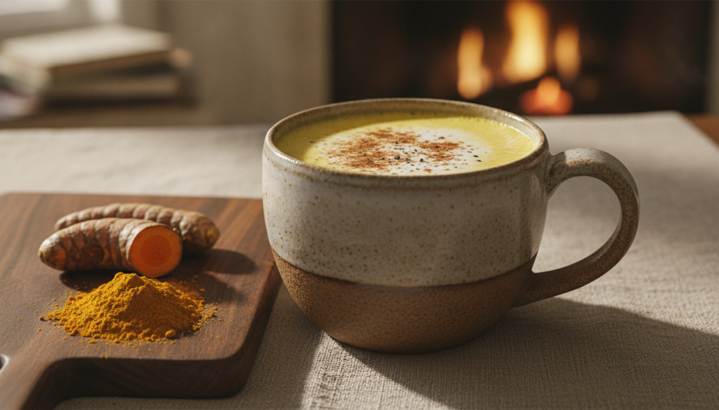 A golden yellow mug of steaming turmeric milk with a sprinkle of cinnamon on top and a turmeric root and powder nearby o
