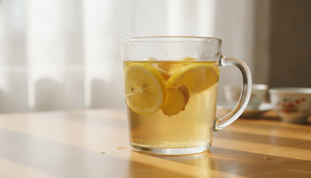 A clear glass mug of steaming lemon ginger tea with fresh lemon slices and ginger pieces visible in the water on a light
