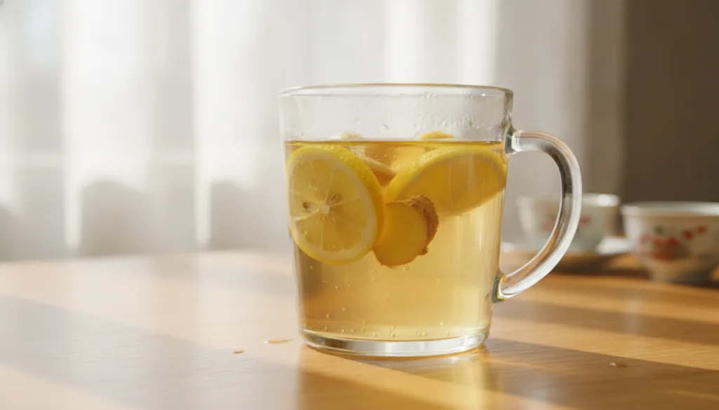 A clear glass mug of steaming lemon ginger tea with fresh lemon slices and ginger pieces visible in the water on a light