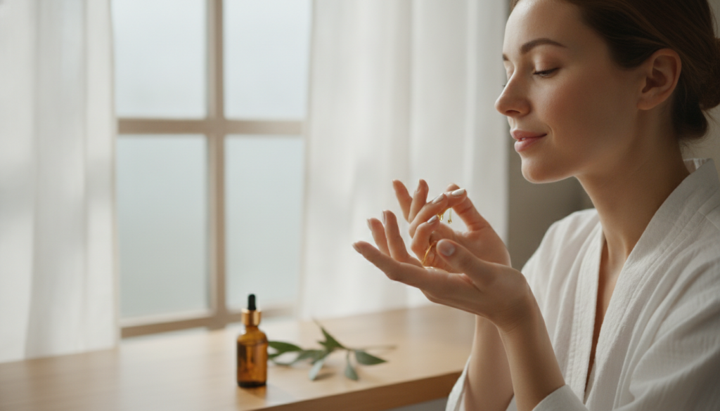 A woman gently massaging her face with a few drops of natural oil her skin looking radiant and hydrated The setting is b