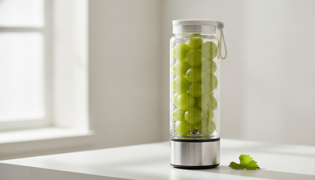 A clear portable blender filled almost entirely with fresh green grapes The background should be bright and minimal conv