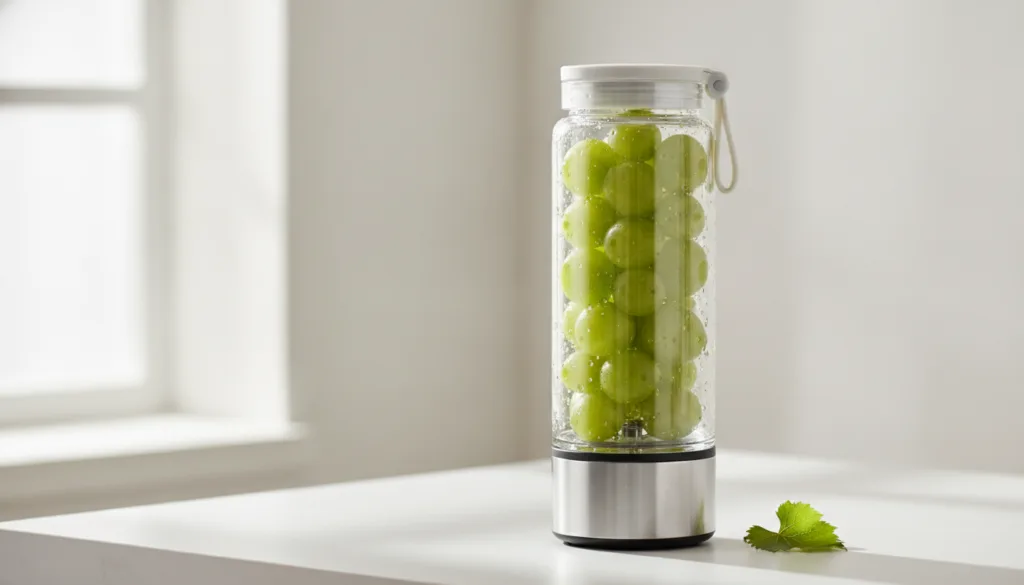 A clear portable blender filled almost entirely with fresh green grapes The background should be bright and minimal conv