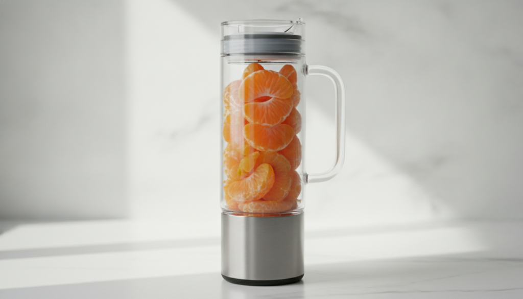 A transparent portable blender packed with peeled mandarins The image should feature orange as the main accent color con