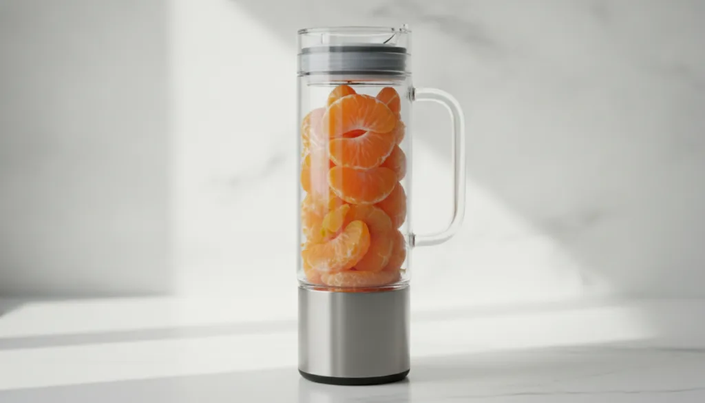 A transparent portable blender packed with peeled mandarins The image should feature orange as the main accent color con