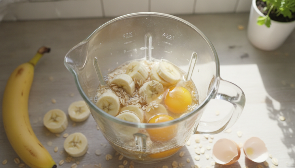 A top-down image of a blender filled with clearly visible sliced bananas rolled oats and eggs The image should convey Qu