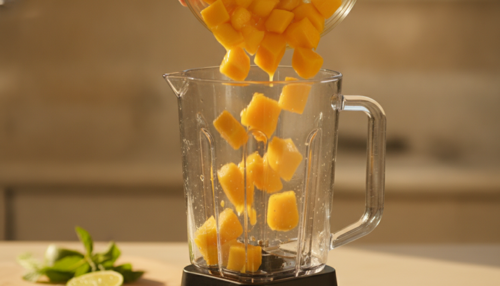 A preparation moment with bright mango cubes being poured into a blender The image should feature warm yellow-orange ton