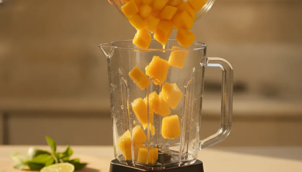A preparation moment with bright mango cubes being poured into a blender The image should feature warm yellow-orange ton