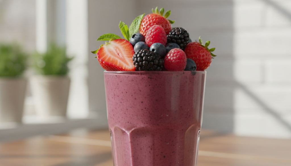 A vibrant berry smoothie in a tall transparent glass topped with fresh strawberries blueberries raspberries and blackber