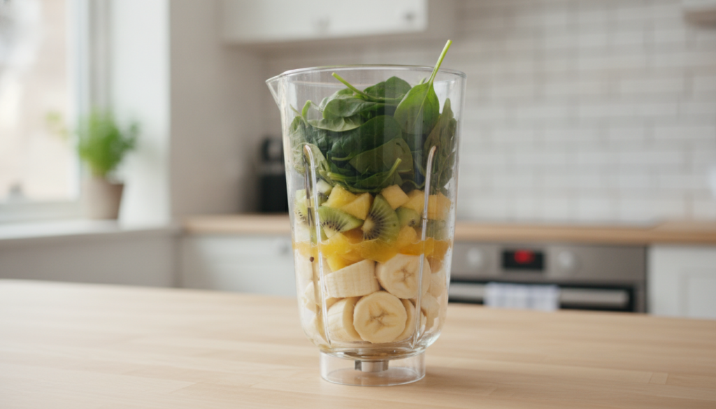 Ingredients layered inside a transparent blender banana at the bottom kiwi and pineapple in the middle and spinach at th