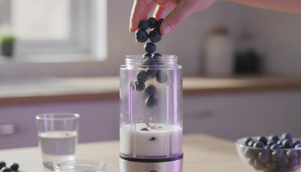 A hand dropping blueberries into a portable blender The image should feature purple accents and convey Let s Make a Blue