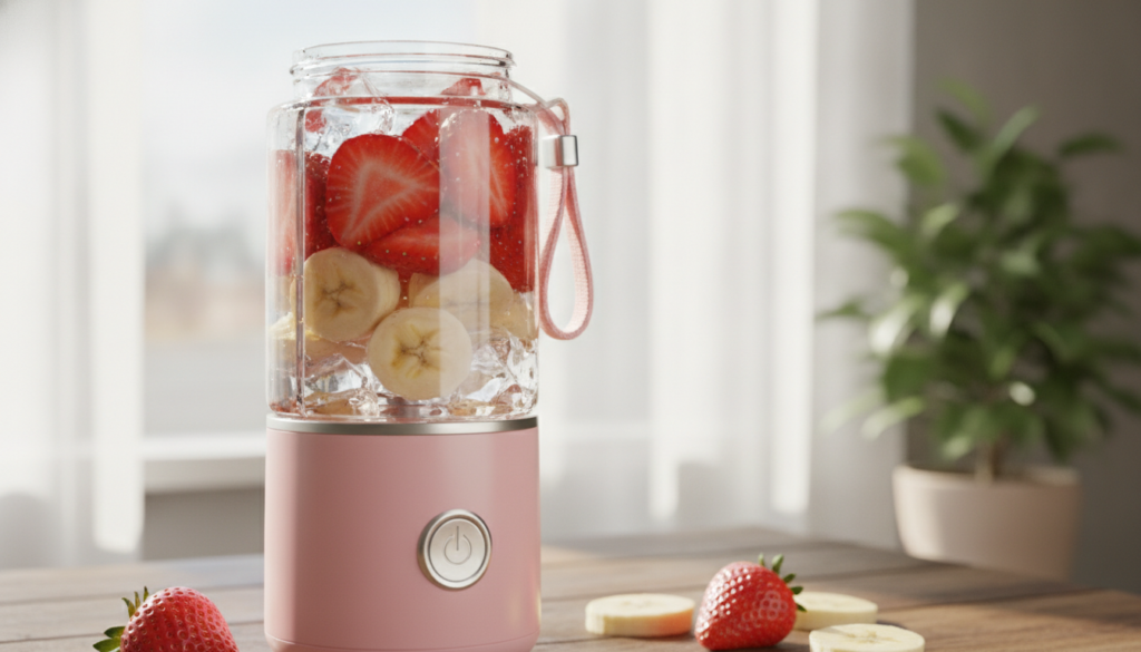 A pink portable blender with visible strawberry halves and banana slices inside The image should match typography and CT