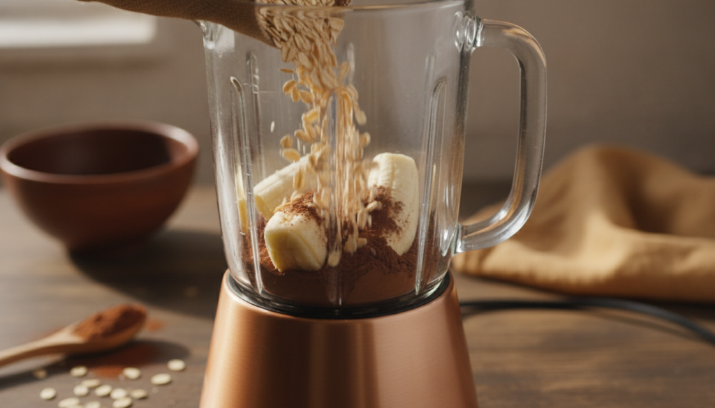 Oats being poured into a blender containing bananas and cocoa powder The image should feature warm brown and orange tone