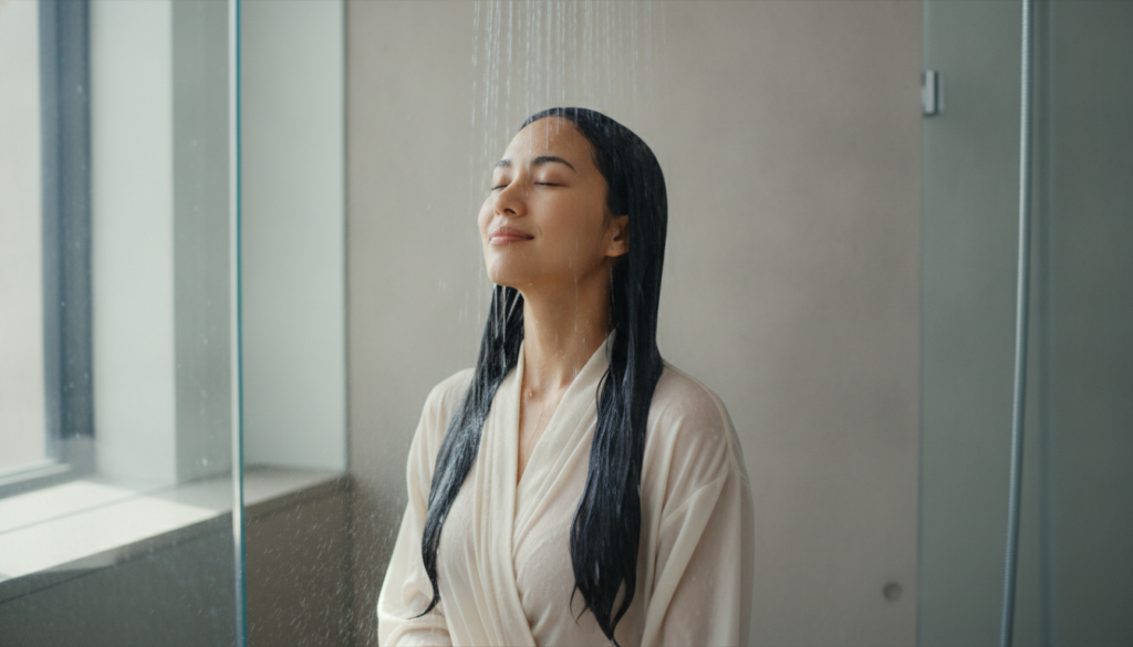 A woman with long shiny healthy hair rinsing her hair with rice water in a shower looking happy and refreshed