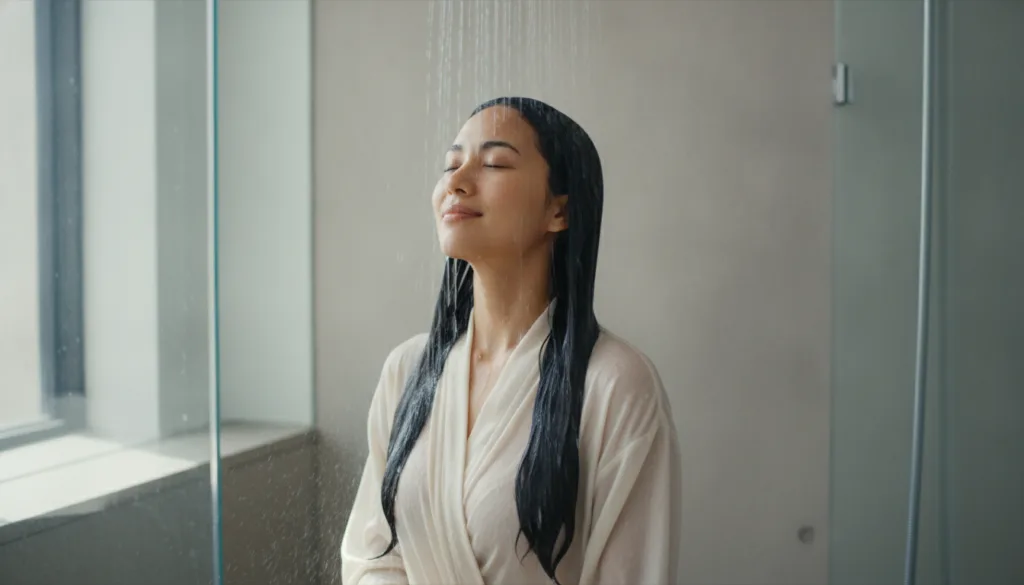A woman with long shiny healthy hair rinsing her hair with rice water in a shower looking happy and refreshed