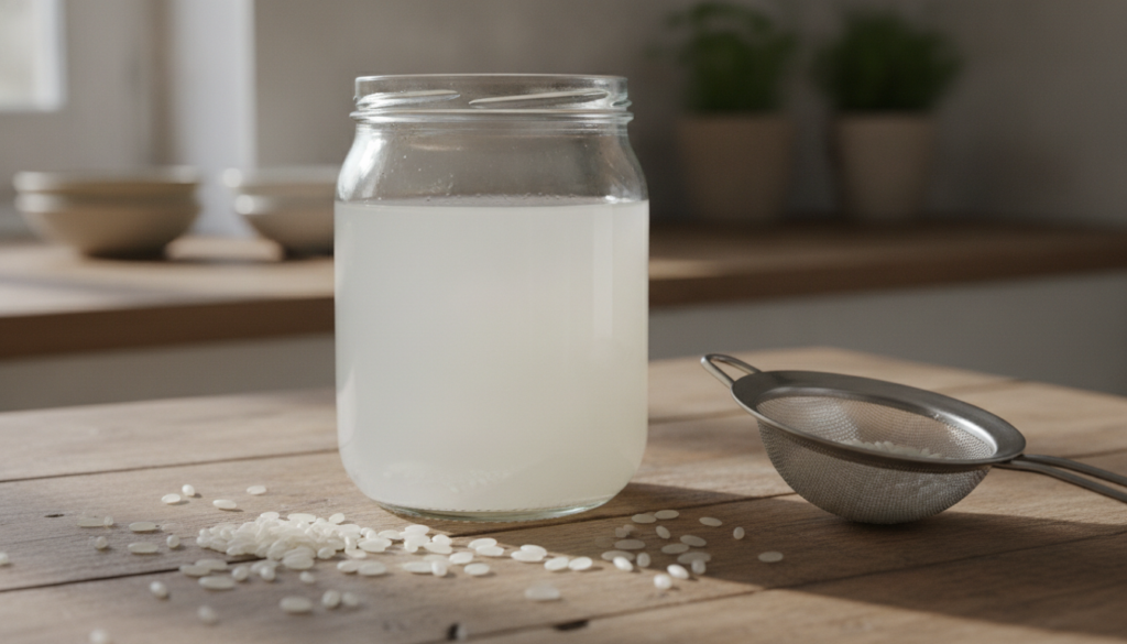 A clear glass jar filled with cloudy white rice water next to a bowl of uncooked rice and a measuring cup on a rustic ki