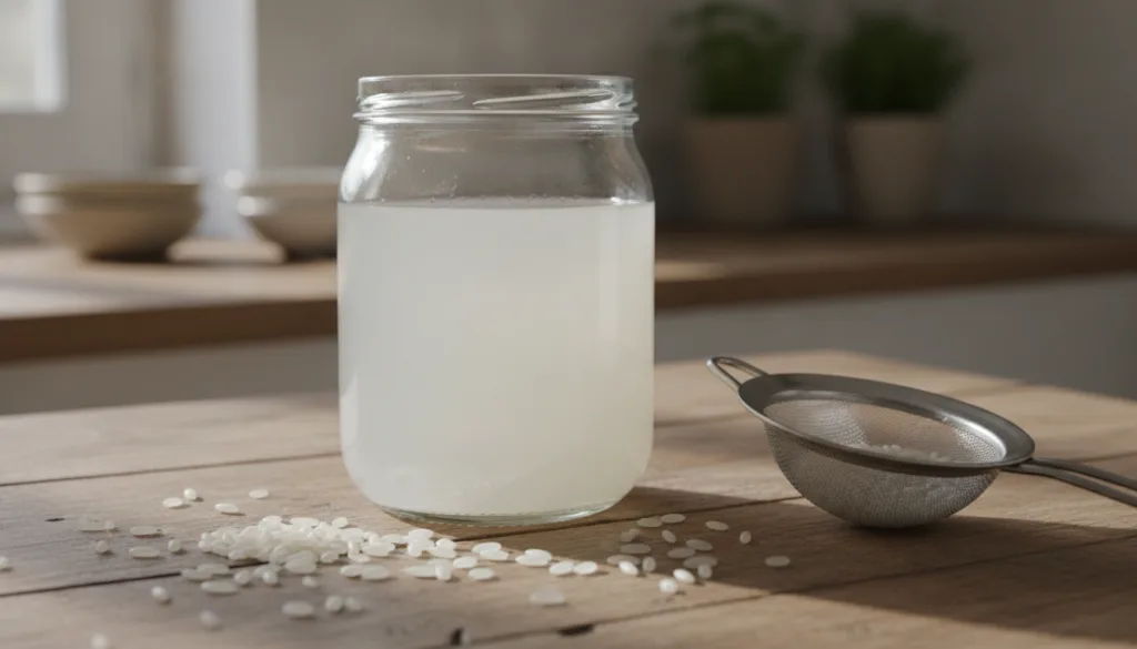 A clear glass jar filled with cloudy white rice water next to a bowl of uncooked rice and a measuring cup on a rustic ki
